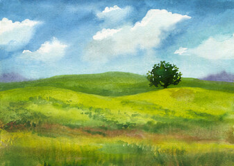 Peaceful summer watercolor landscape with green grass, lonely tree, clouds on blue sky, rural scene background with hills, countryside nature illustration