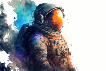 A drawing of an astronaut in space with rainbow nebulae, painted with bright watercolor splashes