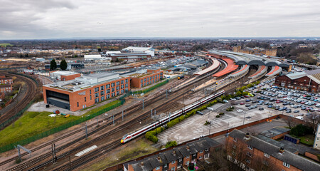 Aerial view of York railway station and York Yard South