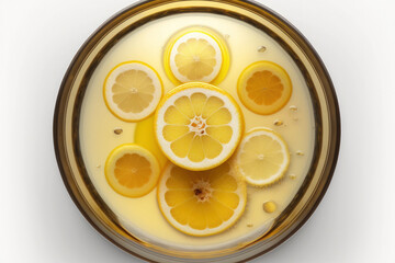 Lemon segment set against freshly squeezed lemon juice in a glass basin. looking up. Generative AI