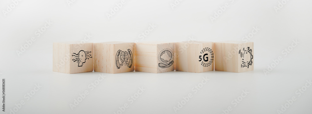Poster background concept wood block with ai artificial intelligence technology, machine learning, brain di