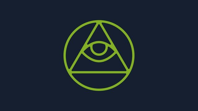Yellow Masons symbol All-seeing eye of God icon isolated on blue background. The eye of Providence in the triangle. 4K Video motion graphic animation