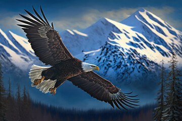 On a bright day in the mountains, an eagle flies at a great altitude while spreading its wings. Generative AI