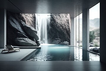 Modern indoor pool with waterfall in SPA at luxury zen hotel - Generative AI
