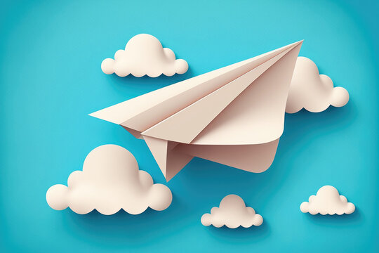 An illustration of a paper airplane. folding a paper airplane. Template for a banner promoting air flight and clouds. Send a message idea. Bell notice for an email isolated on a blue background