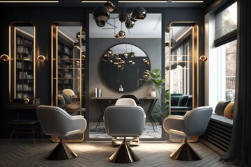 Workplace makeup artist and hairdresser. Nobody. Big mirrors and leather chairs, beauty salon interior - Generative AI
