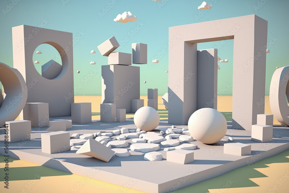 Poster ruins made of white cobblestones and floating blocks against an abstract background. modern showcase