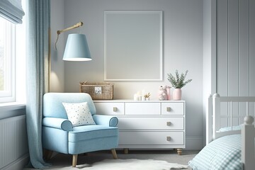 Natural bright interior for kids room with wooden furniture, designer accessories and posters on a wooden wall - generative AI