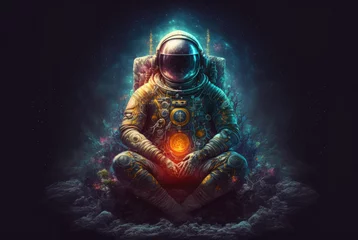 Fotobehang A yogi astronaut in the lotus position among multicolored nebulae in deep space. Mystical fantasy mood in meditation © Аrtranq