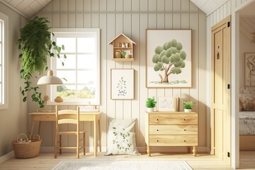 Natural bright interior for kids room with wooden furniture, designer accessories and posters on a wooden wall - generative AI