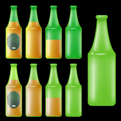 Vector green glass bottles set isolated on white background. Beer bottle with label, empty beer bottle and full beer bottle collection.