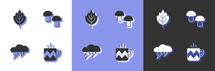 Set Cup of tea, Leaf, Cloud and lightning and Mushroom icon. Vector