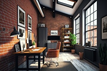 Modern loft office interior with old vintage brick wall. New Yorker Artistic workspace - Generative AI