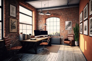 Modern loft office interior with old vintage brick wall. New Yorker Artistic workspace - Generative AI