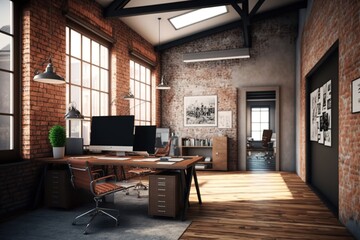 Modern loft office interior with old vintage brick wall. New Yorker Artistic workspace - Generative AI