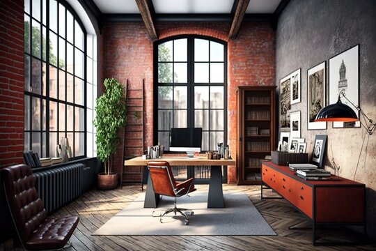 Modern Loft Office Interior With Old Vintage Brick Wall. New Yorker Artistic Workspace - Generative AI