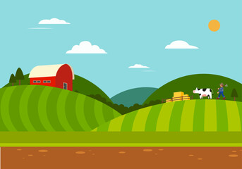 Farm scene with nature landscape.Farmer with countryside.Farmland vetor illustration