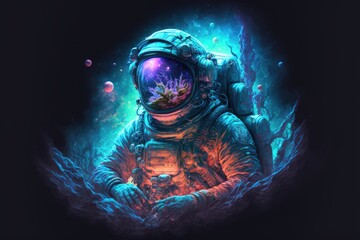 An astronaut in deep space sits on an asteroid amidst awesome colorful nebulae. A mystical esoteric mood 