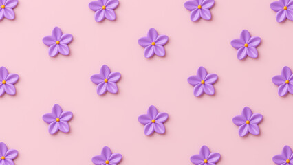 3D purple flowers repeating on a pink background.