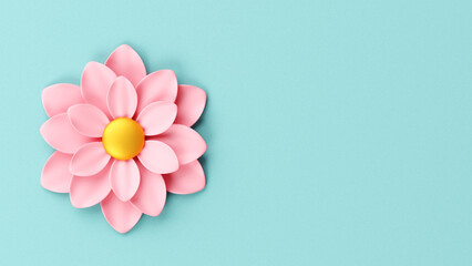 Fototapeta na wymiar 3d Pink flower on a blue background. Flat lay