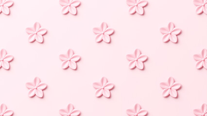 3D pink flowers repeating on a pink background. Flat lay