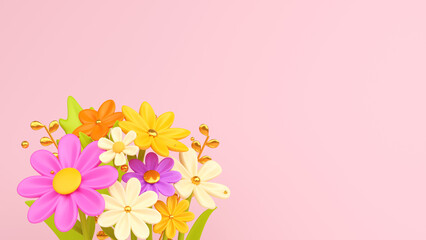 3D festive background with a bouquet of bright flowers and leaves.