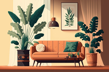 Sofa and table with houseplant in interior of light living room. Generative AI