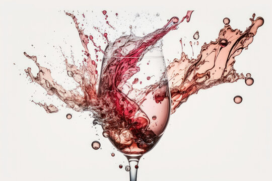 On a white background, red, white with rose tint, and one champagne glass dance and splash. Generative AI