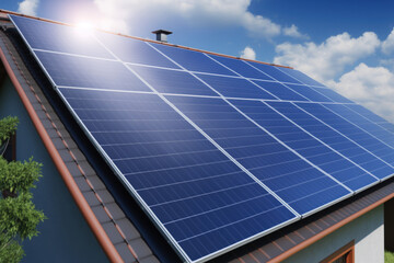 solar power panels on the roof. Solar panel roof. View of solar cells (solar panels) in a house's roof in daylight. Generative AI