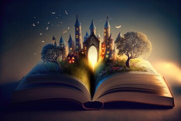 The magic castles on the pages of a fairy tale book created by the power of the imagination  - obrazy, fototapety, plakaty