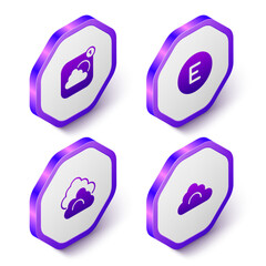 Set Isometric Weather forecast app, Compass west, Cloud and icon. Purple hexagon button. Vector