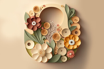 Spring pastel floral background with patterns and flowers. Paper cut background. AI