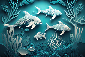 Abstract blue underwater world with fish, algae, corals, sea waves, paper cut background. AI