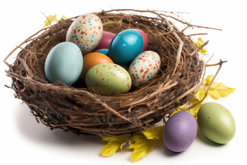 Naklejka na ściany i meble Easter Nest with Colorful Eggs on a white background | Generative AI