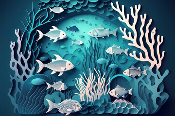Fototapeta na wymiar Abstract blue underwater world with fish, algae, corals, sea waves, paper cut background. AI