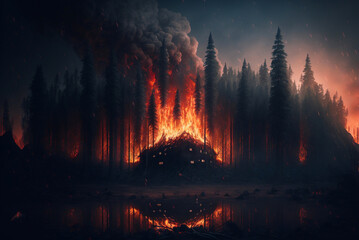 Forest fire wildfire at night time on the mountain with big smoke. Generative AI