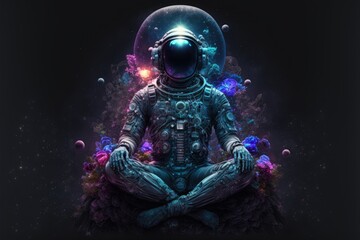 Fototapeta na wymiar A cosmic meditation of an astronaut sitting in the lotus position in the middle of dark space. Spiritual esoteric mood 