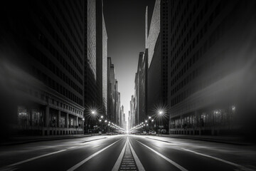 Fototapeta na wymiar a cityscape shot in black and white of Chicago. From the center of the street, the picture is taken. Generative AI