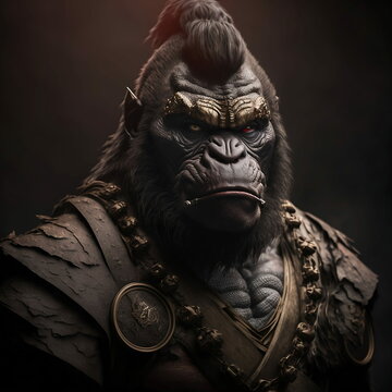 Portrait d'un gorille v&eacute;tu d'une armure de samoura&iuml;, g&eacute;n&eacute;r&eacute; par IA