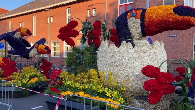 Platforms decorated with flowers on Bloemencorso Bollenstreek Flower Parade Keukenhof, Haarlem, the Netherlands, 24 April 2022. High quality 4k footage