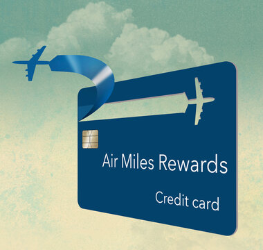 An airliiner peels off from the design on a generic air rewards credit card in a 3-d illustration about airline perks and free travel miles for using the right credit card.