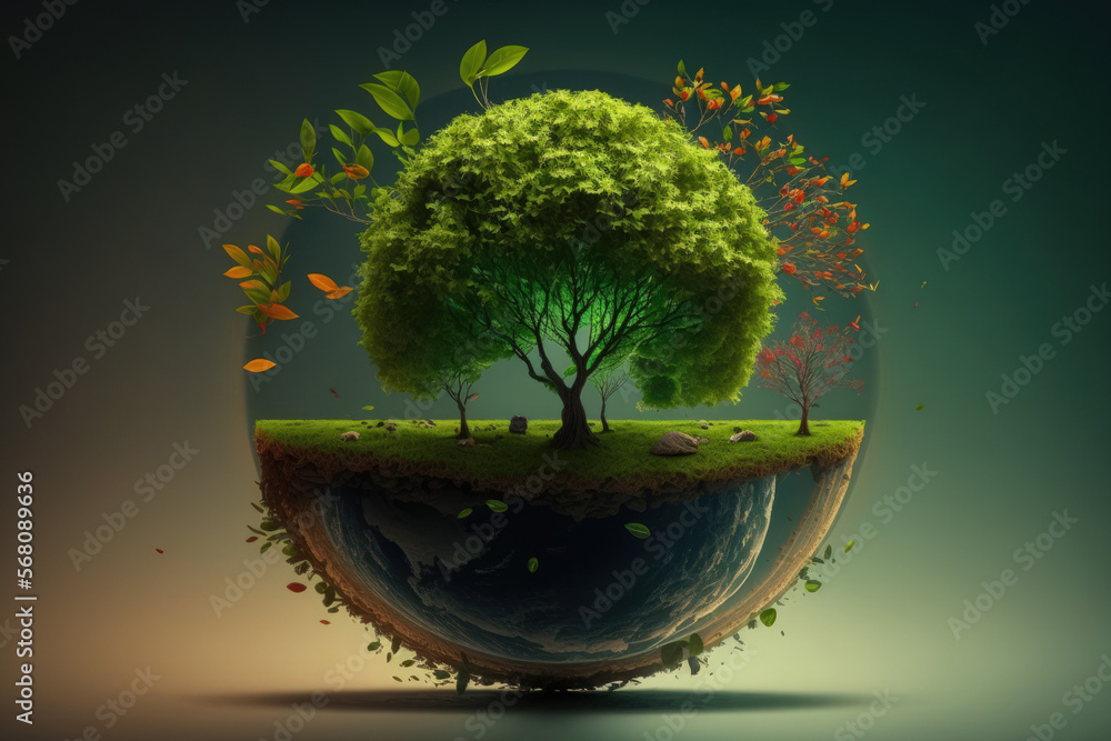 Poster panorama a little tree that grows with the sun. notion of a green planet with earth day. generative 