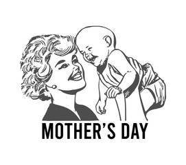 Abstract mother with a child in continuous one line drawing art style. Mother`s Day card. Woman hugging her baby. Happy motherhood concept. Modern vector illustration