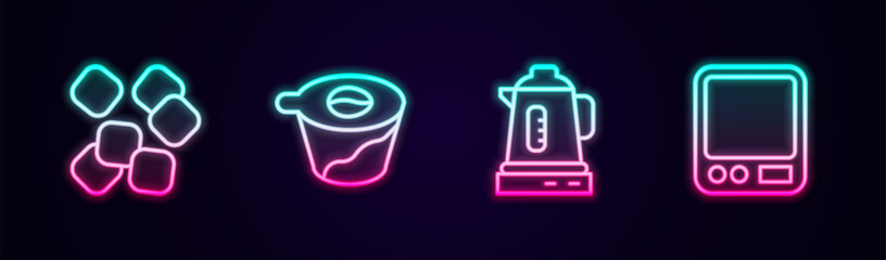 Set line Sugar cubes, Pour over coffee maker, Electric kettle and Electronic scales. Glowing neon icon. Vector