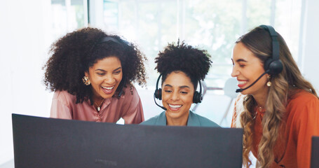 Call center, high five and business people applause for success, telemarketing sales or achievement. Teamwork, customer service and group of women clapping in celebration of victory, goals or targets