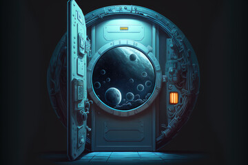 Dark illustration of a space station door. Generative AI
