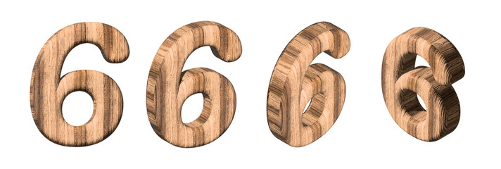 Set of wooden numbers 6 from different angles on a white background. 3d rendered digit six with brown wood texture. 3d illustration. 3d rendering