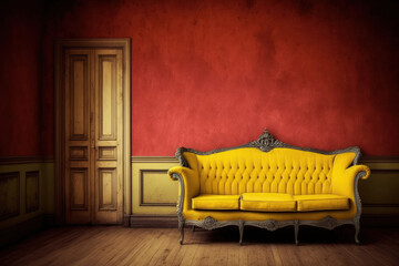 The yellow room with the red old sofa. Generative AI