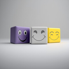 Trzy uśmiechnięte kostki 3d, bohaterowie kreskówki, Three smiling 3d cubes, cartoon characters - AI Generated