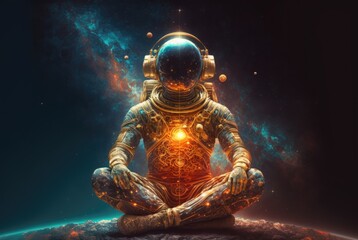 Fototapeta premium A space meditation of an astronaut sitting in a lotus pose in the middle of a nebula. Spiritual esoteric mood 